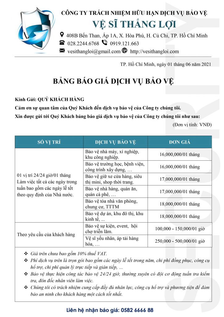 Báo Giá Bảo Vệ Doanh Nghiệp Tại HCM